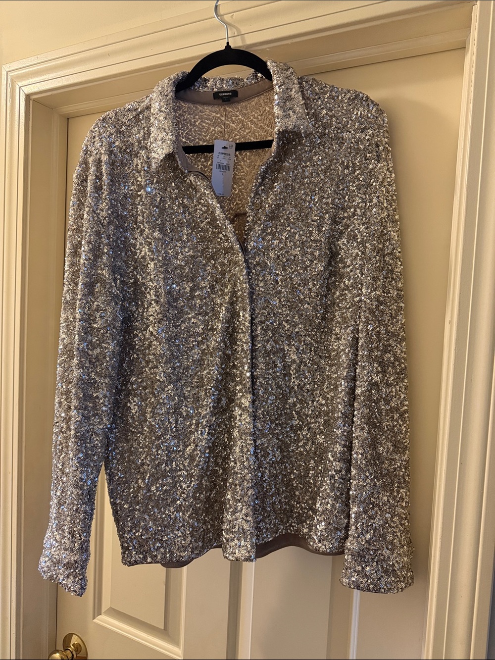 Express Glitter Sequin Collared Button-Up Top - Silver